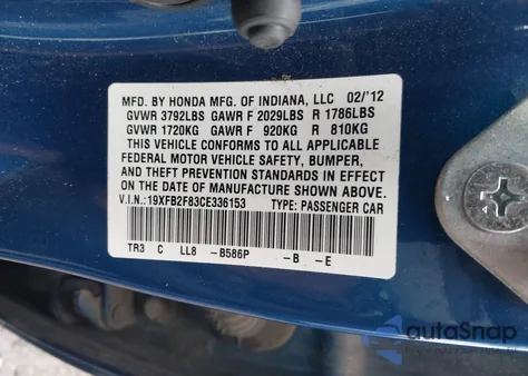 2012 Honda Civic Ex from USA, damaged, VIN 19XFB2F83CE336153
